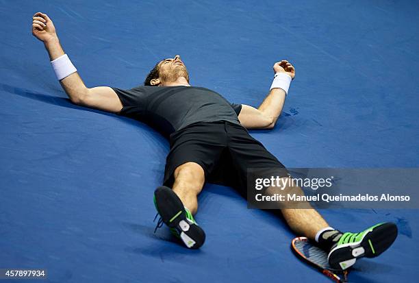 Andy Murray of Great Britain celebrates a match point against Tommy Robredo of Spain in the final during day seven of the ATP 500 World Tour Valencia...