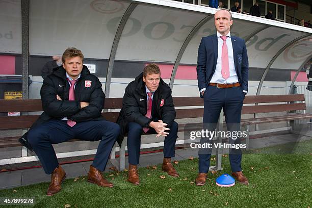 Assistant trainer Youri Mulder of FC Twente, assistant trainer Michel Jansen of FC Twente, coach Alfred Schreuder of FC Twente during the Dutch...