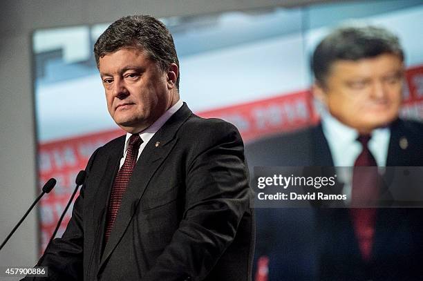 Ukrainian President Petro Poroshenko speaks to the media on October 26, 2014 in Kiev, Ukraine. Although a low turn out is expected in the east of the...