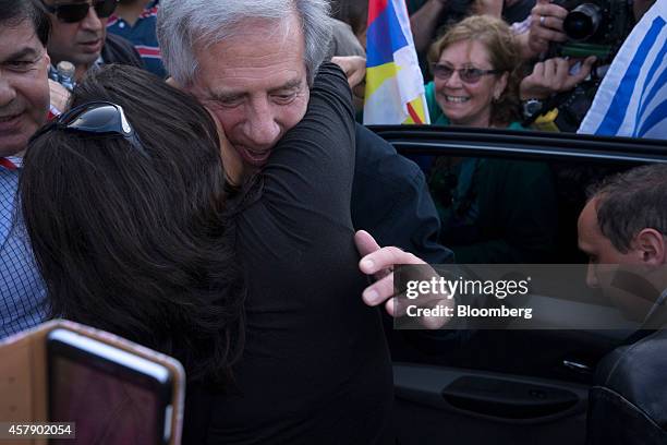 Presidential candidate Tabare Vazquez of the Broad Front party greets supporters after voting in Montevideo, Uruguay, on Sunday, Oct. 26, 2014. Polls...