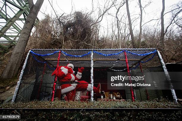 Man dressed as Santa Claus poses behind the bars in an enclosure during a media presentation of a Santa Claus Christmas exposition at Prague Zoo on...