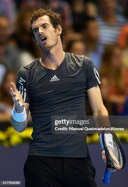 Andy Murray of Great Britain reacts against Tommy Robredo of Spain in the final during day seven of the ATP 500 World Tour Valencia Open tennis...