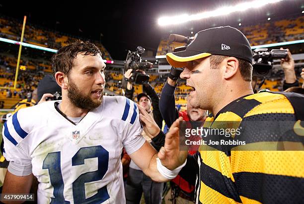 Ben Roethlisberger of the Pittsburgh Steelers is congratulated by Andrew Luck of the Indianapolis Colts after Pittsburgh's 51-34 win at Heinz Field...