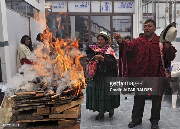 "Amautas" make a ritual to call the "Ajayu" of a patient on December 5, 2013 at the Agromont Hospital in El Alto, 12 km from La Paz. The hospital...
