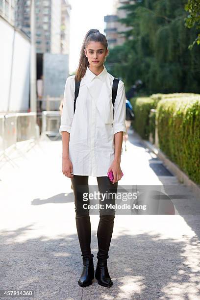 Model/Acctress Taylor Marie Hill exits the BCBG fashion show in a Helmut Lang outfit and 3.1 Phillip Lim backpack at Lincoln Center on Day 1 of New...