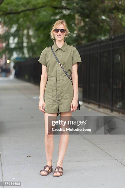 Suvi Koponen Riggs wears a vintage jumpsuit, Gucci bag, and Birkenstock sandals between castings in Chelsea on Day 2 of New York Fashion Week...