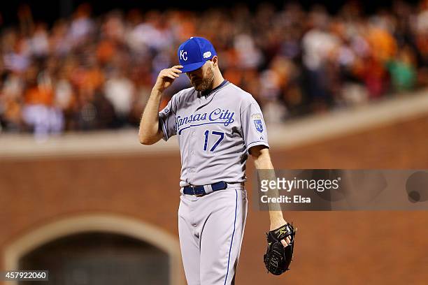 Wade Davis of the Kansas City Royals reacts against the San Francisco Giants during Game Five of the 2014 World Series at AT&T Park on October 26,...