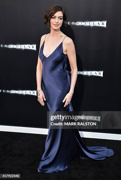 Actress Anne Hathaway arrives for the premiere of Paramount Picture's movie 'Interstellar' at the TCL Chinese Theatre in Hollywood, California on...