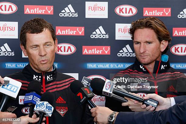 Newly appointed assistant coach, Mark Harvey and Senior coach James Hird speak to the media during an Essendon Bombers AFL press conference at True...