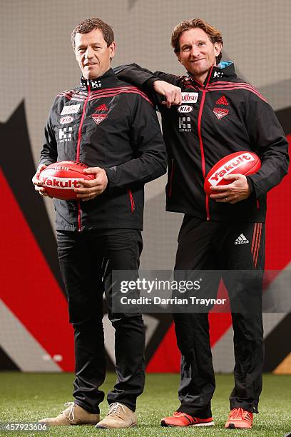 Newly appointed assistant coach, Mark Harvey and Senior coach James Hird pose for a photo after an Essendon Bombers AFL press conference at True...