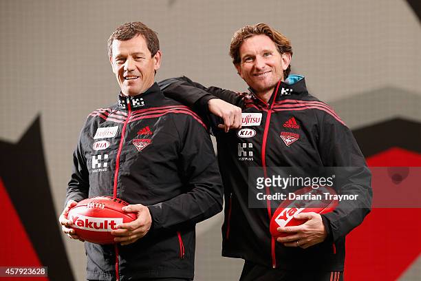 Newly appointed assistant coach, Mark Harvey and Senior coach James Hird pose for a photo after an Essendon Bombers AFL press conference at True...
