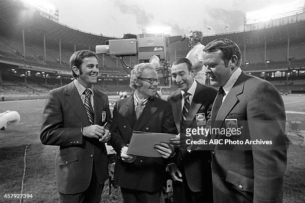 Sept. 21, 1970 N.Y. Jets at Cleveland Browns. Original broadcast team of Don Meredith, Howard Cosell and Keith Jackson with Roone Arledge, 2nd from...