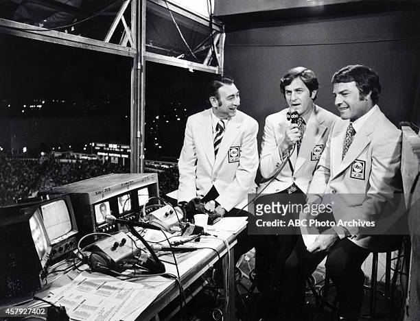 Walt Disney Television via Getty Images sportscasters Howard Cosell, Don Meredith and Frank Gifford at the N.Y. Giants vs. Dallas Cowboys game, won...
