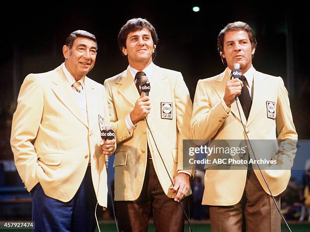 Commentators gallery - 9/26/77 Howard Cosell, Don Meredith and Frank Gifford at the New England Patriots vs. Cleveland Browns game, won by the Browns...