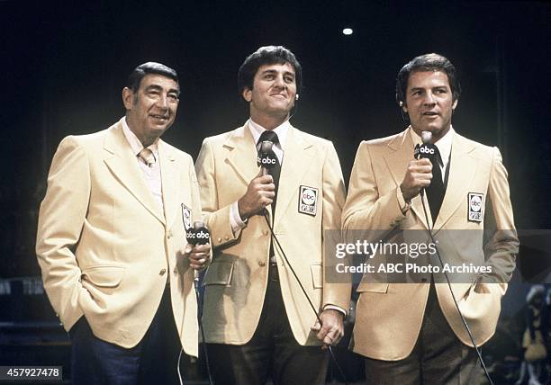 Commentators gallery - 9/26/77 Howard Cosell, Don Meredith and Frank Gifford at the New England Patriots vs. Cleveland Browns game, won by the Browns...