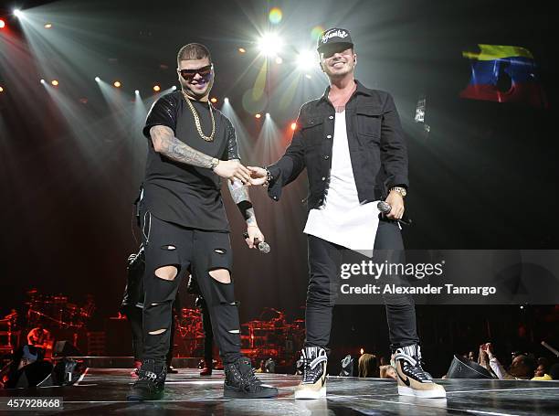 Farruko and J Balvin perform at American Airlines Arena on October 26, 2014 in Miami, Florida.