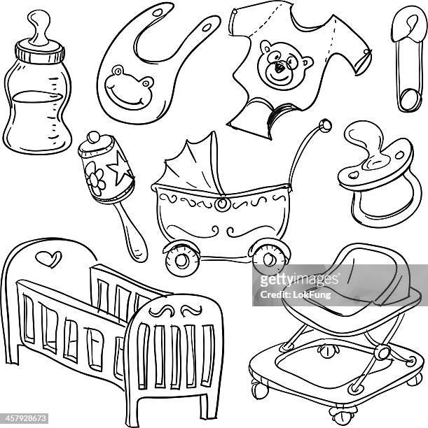 baby's products in sketch style - milk bottle drawing stock illustrations