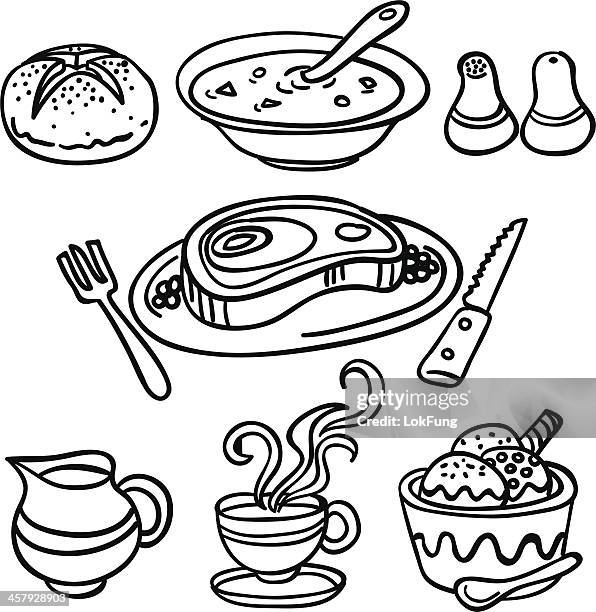 set dinner collection in black and white - coffee mug white background stock illustrations