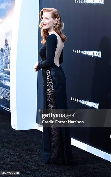 Actress Jessica Chastain attends the premiere of Paramount Pictures' "Interstellar" at TCL Chinese Theatre IMAX on October 26, 2014 in Hollywood,...