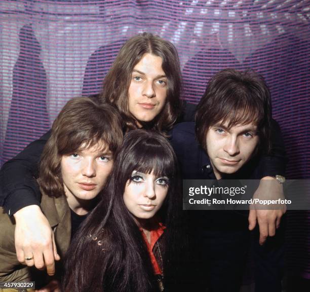 Dutch rock group Shocking Blue posed backstage in London circa 1970. Lead singer Mariska Veres is bottom centre and guitarist Robbie van Leeuwen is...