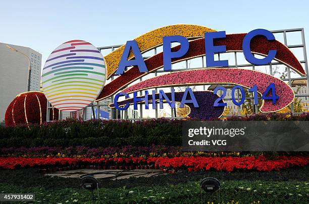 Decoration flowers get together to welcome Asia-Pacific Economic Cooperation at Changan Avenue on October 26, 2014 in Beijing, China. Flowers in the...