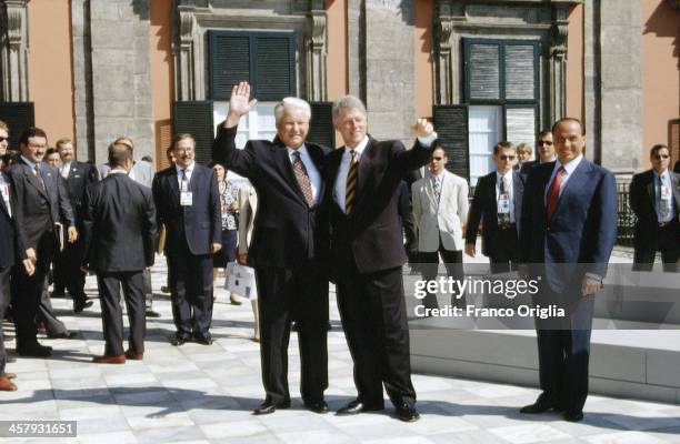 President of Russia Boris Yeltsin, 42nd President of the United States Bill Clinton and Italian Prime Minister Silvio Berlusconi pose during the G7...