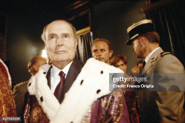 French President Francois Mitterrand receives an Horonis Causa degree in philosophy by the Universit degli Studi di Napoli 'L'Orientale' during the...