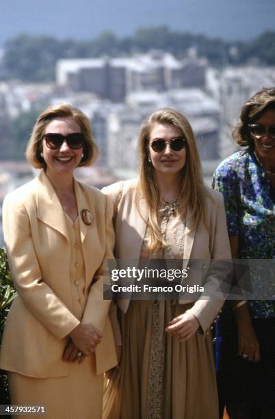 First Lady Hillary Clinton and Veronica Lario, Second wife of Italian Prime Minister Silvio Berlusconi, pose during the G7 Summit on July 9, 1994 in...