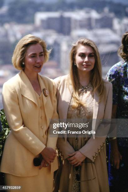 First Lady Hillary Clinton and Veronica Lario, Second wife of Italian Prime Minister Silvio Berlusconi, pose during the G7 Summit on July 9, 1994 in...