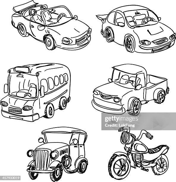 black and white sketches of varied motor vehicles - car sketch stock illustrations