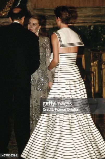 Second wife of Italian Prime Minster Silvio Berlusconi, Veronica Lario, receives French Foreign Minister Alain Juppe and his wife Isabelle at the...