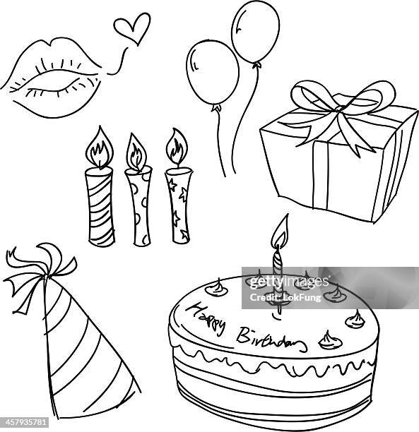 stockillustraties, clipart, cartoons en iconen met birthday celebration sketch in black and white - doodle gifts