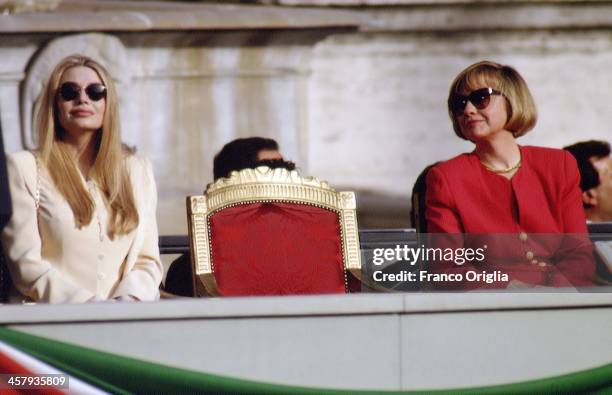 Veronica Lario, second wife of Italian Prime Minister Silvio Berlusconi and US First Lady Hillary Clinton at the Campidoglio city hall during an...