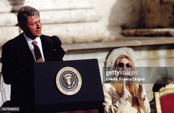 42nd President of the United States Bill Clinton holds a speech at the Campidoglio city hall during his official visit to Rome, in the background...