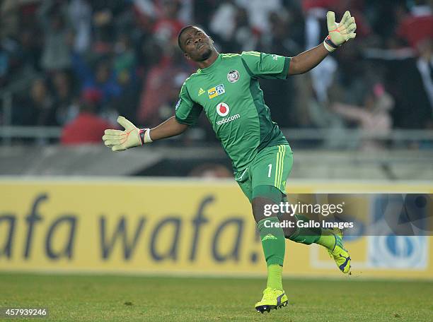 Senzo Meyiwa of Pirates celebrates the second goal during the MTN 8 quarter final match between Orlando Pirates and SuperSport United at Orlando...