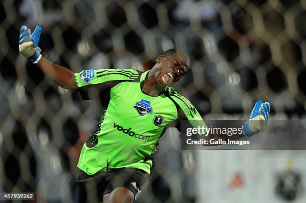 Pirates goalkeeper Senzo Meyiwa celebrates during the Telkom Knockout Cup Quarter Final match between Jomo Cosmos and Orlando Pirates on March 27,...