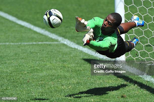 Senzo Meyiwa dives to save the goal during the South African National soccer team training session at Orlando Stadium on December 29, 2012 in Soweto,...