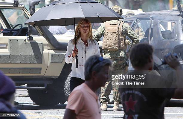 American actress Claire Danes during the filming of Homeland on October 25, 2014 in Cape Town, South Africa. Parts of Cape Town came to a standstill...