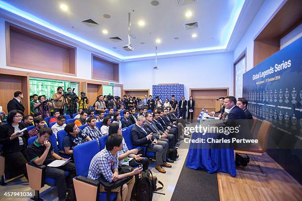 James Davies-Yandle , co-founder of the Global Legends Series, speaks to the media at a Global Legends Series media event on October 27, 2014 in...