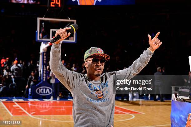Recording artist Nas performs during the New York Knicks open practice at Madison Square Garden on October 26, 2014 in New York City, New York. NOTE...