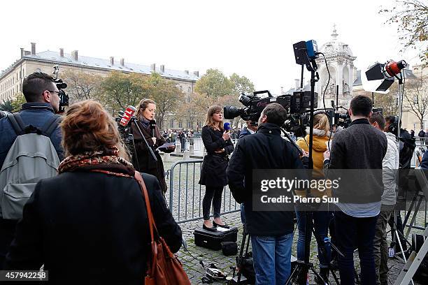 Media outside the Memorial Service For Christophe De Margerie, Total CEO, at Eglise Saint-Sulpice on October 27, 2014 in Paris, France.