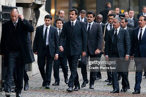 The Heir Apparent of Qatar HH Sheikh Tamim bin Hamad Al Thani attends the Memorial Service For Christophe De Margerie, Total CEO, at Eglise...