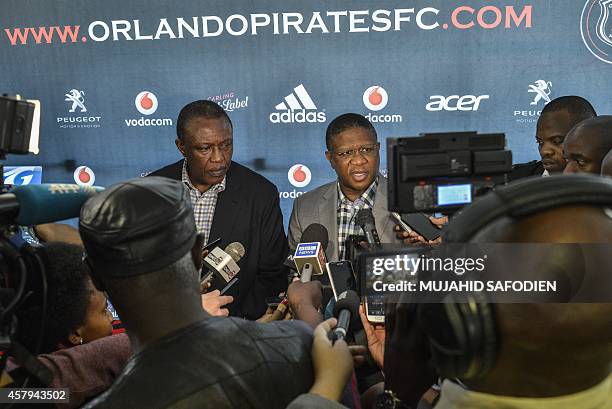 Orlando Pirates and South African Premier League chairman Doctor Ivan Khoza and South African Minister of Sport Fikile Mbalula give a press...