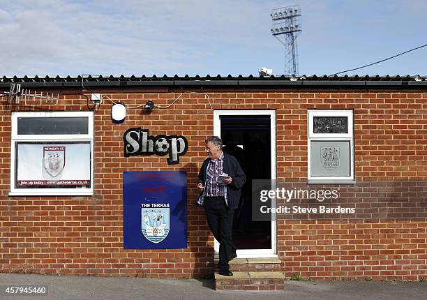 The club shop at the Bob Lucas stadium prior to the FA Cup Qualifying Fourth Round match between Weymouth v Braintree Town at the Bob Lucas stadium...