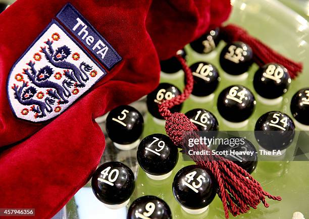 General view of the balls being prepared for the FA Cup First Round Draw at St Georges Park on October 27, 2014 in Burton-upon-Trent, England.