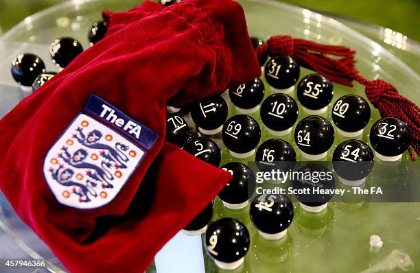 General view of the balls being prepared for the FA Cup First Round Draw at St Georges Park on October 27, 2014 in Burton-upon-Trent, England.