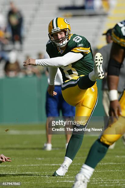 Ryan Longwell of the Green Bay Packers kicks a field goal during warm-ups before a game against the New Orleans Saints on October 9, 2005 at Lambeau...