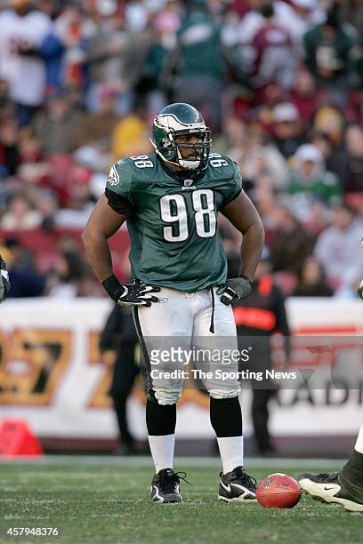Mike Patterson of the Philadelphia Eagles standing on the field during a game against the Washington Redskins on December 10, 2006 at FedEx Field in...