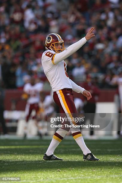 Shaun Suisham of the Washington Redskins looks on after kicking a field goal during a game against the Philadelphia Eagles on December 10, 2006 at...