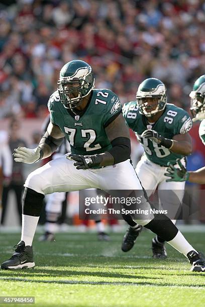 Thomas Tapeh and Tra Thomas of the Philadelphia Eagles in action during a game against the Washington Redskins on December 10, 2006 at FedEx Field in...